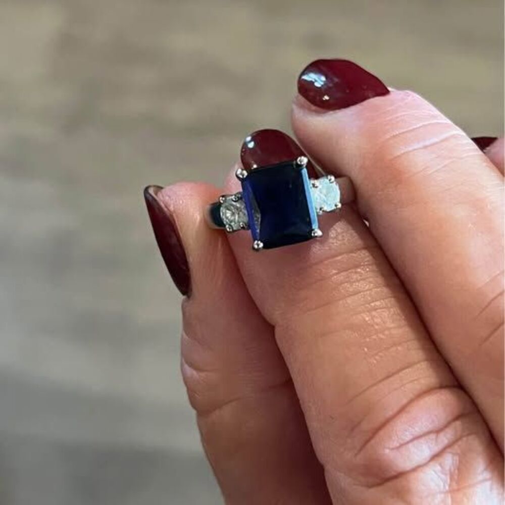 Sapphire & Cubic Zirconia Silvertone   cocktail ring